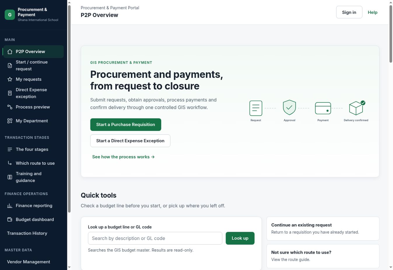 The P2P Overview page: a Start a Purchase Requisition button, a Start a Direct Expense Exception button, a budget line look-up, and a Sign in button in the top right.