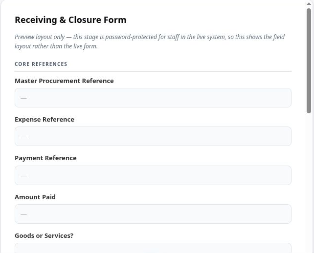 The Receiving and Closure form: master procurement, expense and payment references already filled, Amount Paid, and a Goods or Services choice.